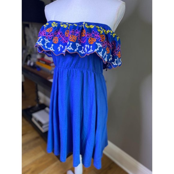 ASOS Embroidered Off Shoulder Mini Dress Blue 6 - Picture 7 of 9